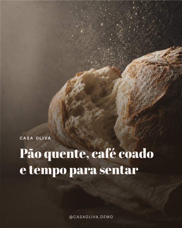 Arte de restaurante com frase da marca sobre foto de pão