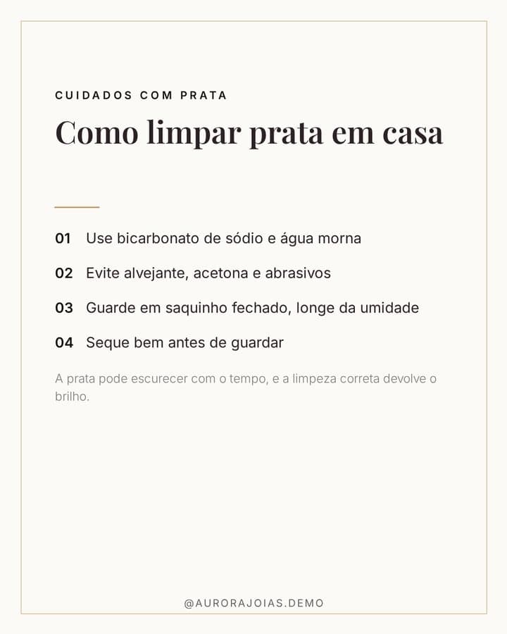 Arte informativa de joalheria com dicas de limpeza das peças