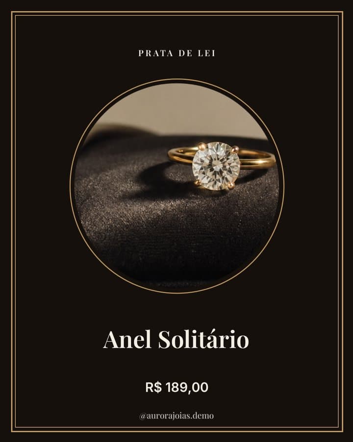 Arte de joalheria com anel em destaque, nome da peça e preço